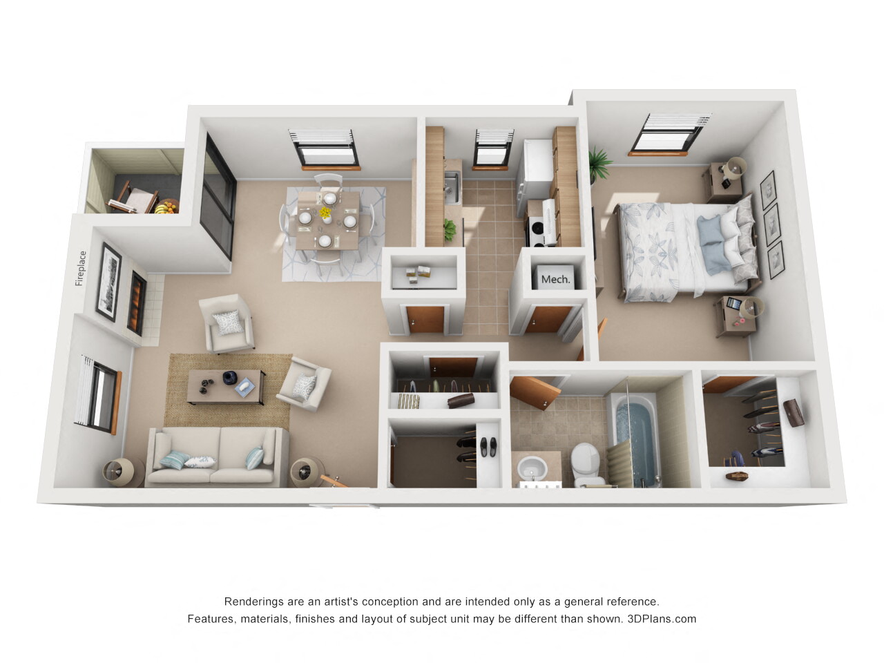 Floor plan for 1 bed, 1 bath, 676 sqft